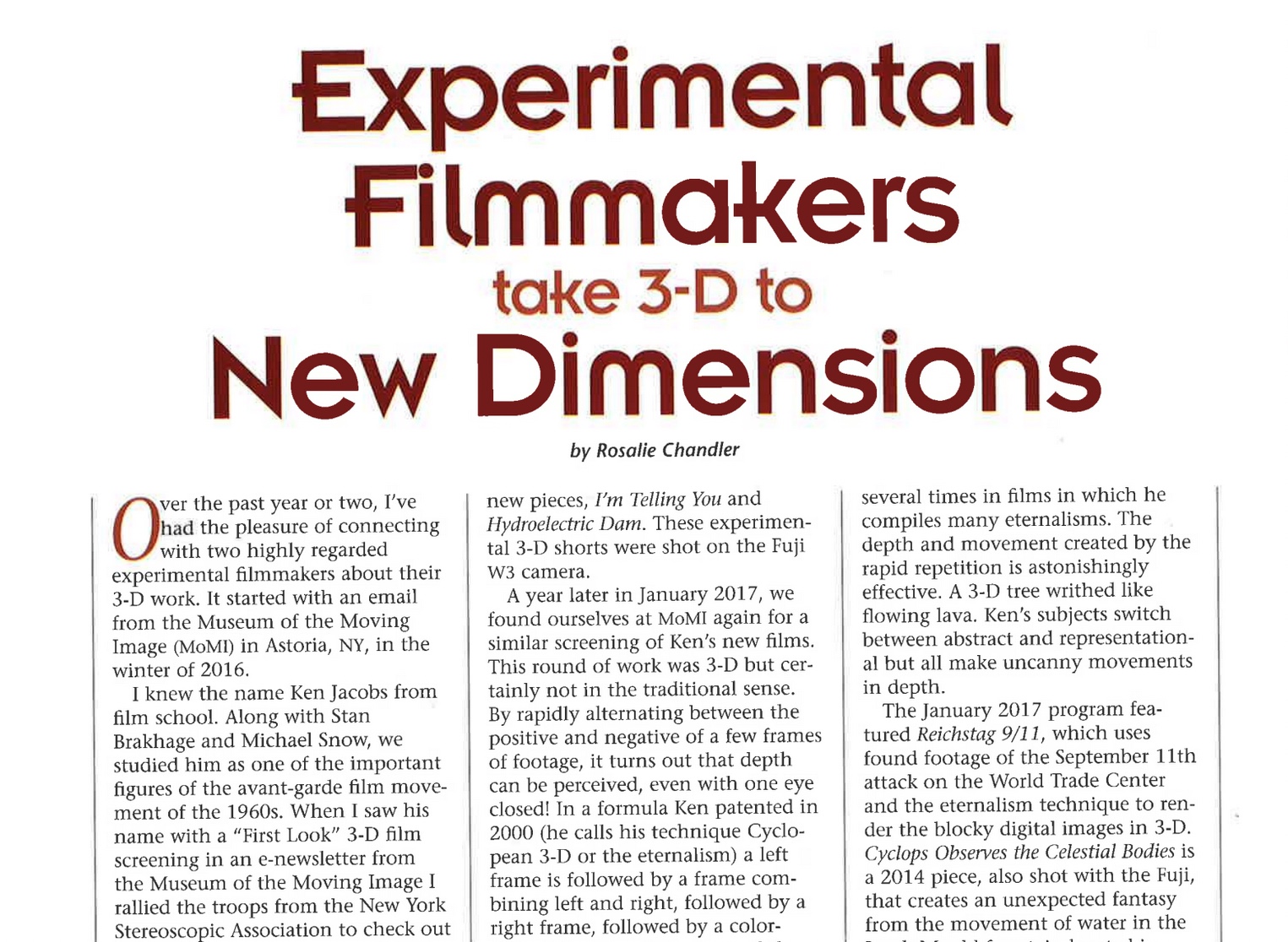 “Experimental Filmmakers Take 3-D to New Dimensions” Stereo World (2018)